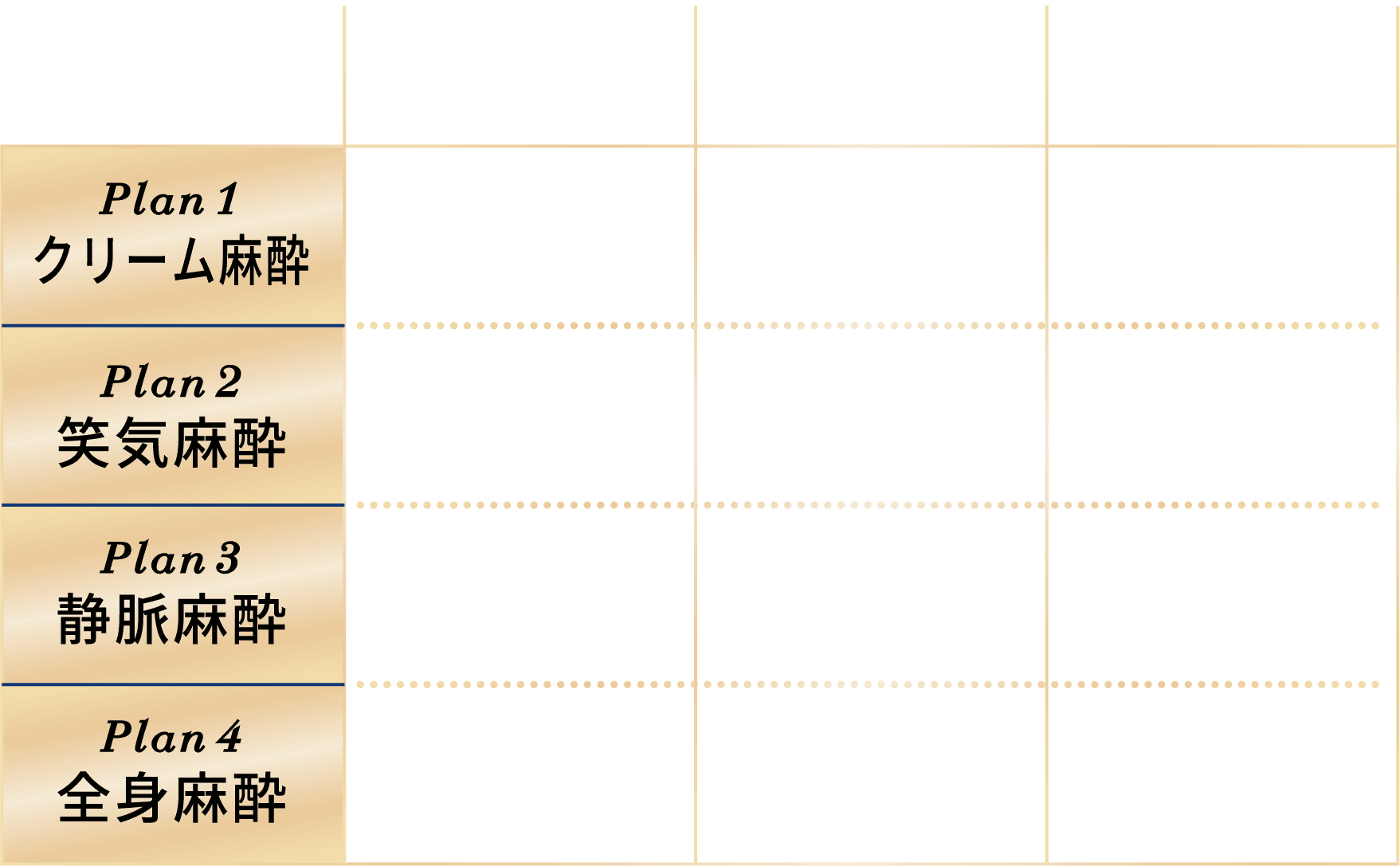 「ヒゲ脱毛6部位/5回→クリーム麻酔:¥85,800 笑気麻酔:¥102,300 静脈麻酔:¥525,800 全身麻酔:¥635,800」「VIO脱毛3部位/5回→クリーム麻酔:¥102,300 笑気麻酔:¥118,800 静脈麻酔:¥542,300 全身麻酔:¥652,300」「全身脱毛21部位/5回→クリーム麻酔:¥221,100 笑気麻酔:¥237,600 静脈麻酔:¥661,100 全身麻酔:¥771,100」